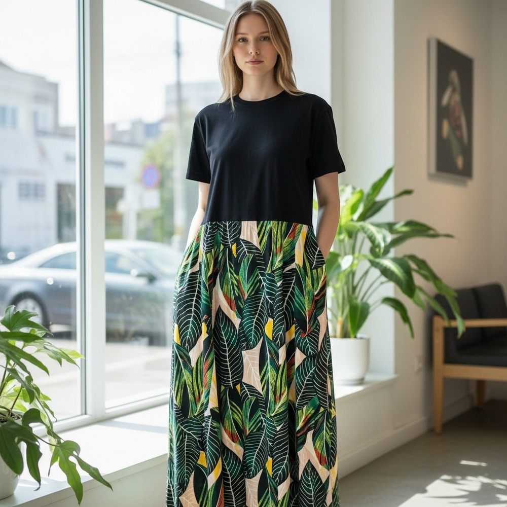 Kancystore Womens Tropical‎ Leaf Print Maxi Dress Black Green Short Sleeve 2XL